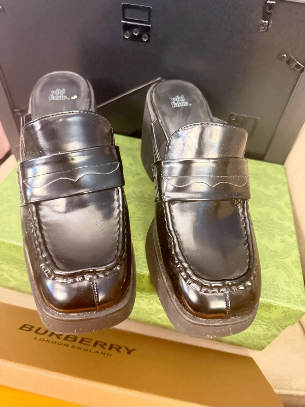 Black Leather Women Mule Penny Loafers -
